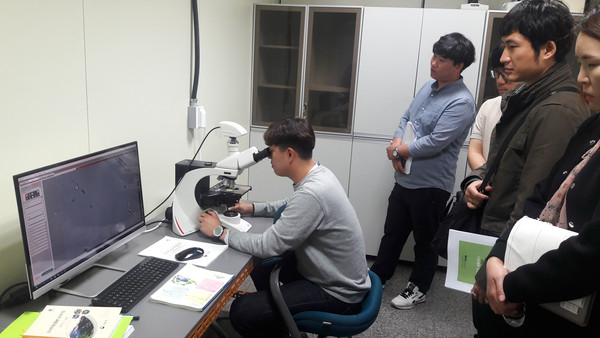 ▲ 소나무재선충병 1차 진단기관에서 감염의심목을 진단하고 있다.