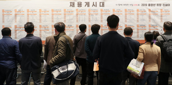 ▲ 채용게시판 보는 중장년 구직자들.