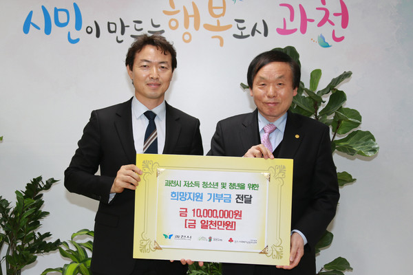 ▲ 과천교회로부터 기부금을 전달받은 김종천 과천시장(왼쪽).