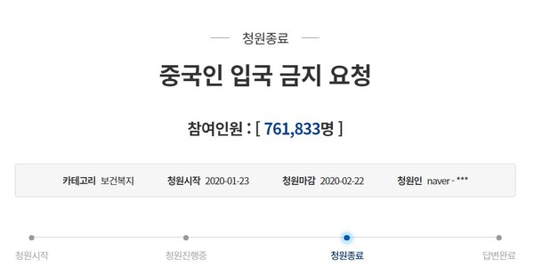 ▲ '중국인 입국금지' 청원.