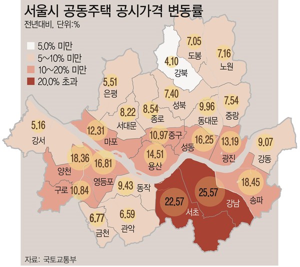 ▲ 서울 자치구별 공동주택 공시가격 변동률./뉴시스
