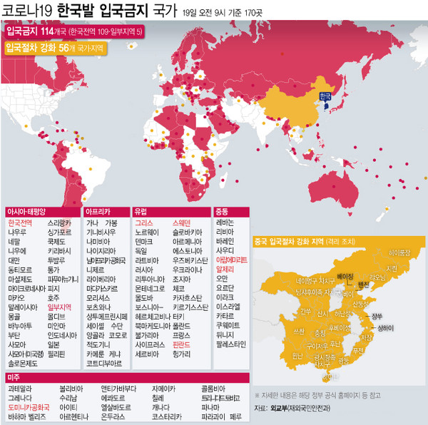 ▲ 코로나19 한국발 입국금지·제한 국가들.