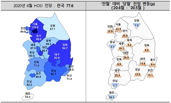 ▲ 주택산업연구원 발표 '6월 전국 입주경기실사지수(HOSI)' 전망치./뉴시스