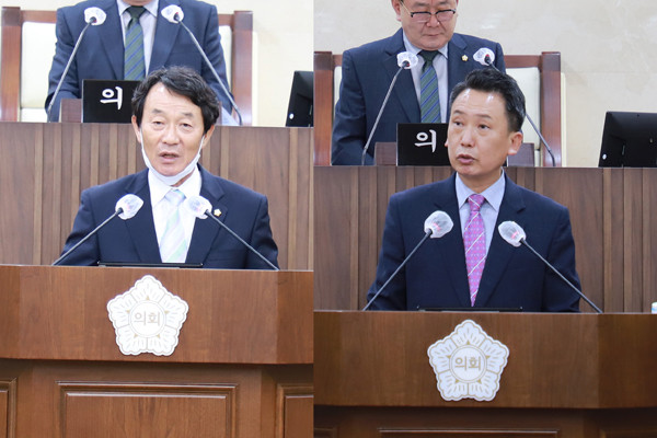▲ 후반기 (왼쪽)홍선의 의장, (오른쪽)강정구 부의장 각각 선출.