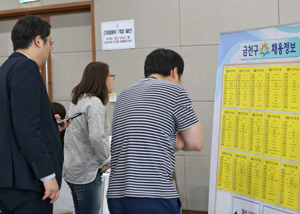 ▲ 지난해 5월 금천구청 대강당에서 개최된 자치구 합동 ‘일구데이’에서 구직자들이 채용정보를 확인하고 있다.