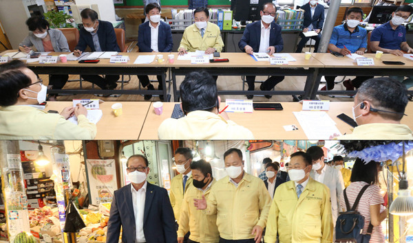 ▲ (위)간담회 모습, (아래)전통시장을 방문한 모습.
