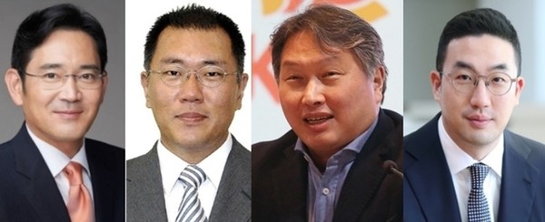 ▲ (왼쪽부터) 이재용 삼성전자 부회장, 정의선 현대자동차 부회장, 최태원 SK그룹 회장, 구광모 LG그룹 회장.