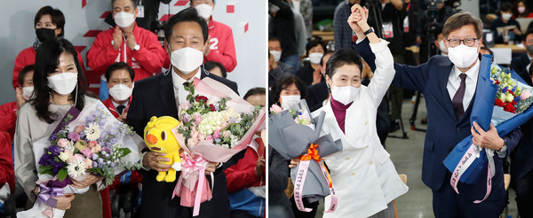 ▲ 오세훈 국민의힘 서울시장 후보와 박형준 부산시장 후보가 8일 새벽과 7일 밤 각각 서울 여의도 중앙당사와 부산진구 선거사무소에서 당선이 확실시 되자 배우자와 함께 환호하고 있다. 왼쪽부터 오 후보 부인 송현옥 씨, 오 후보, 박 후보 부인 조현 씨, 박 후보. /뉴시스