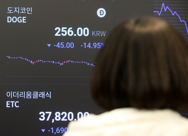▲ 서울 강남구 업비트 라운지에서 직원이 암호화폐 시세를 살피고 있다. /뉴시스
