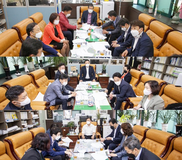 ▲ 안산시의회 기획행정위원회와 문화복지위원회, 도시환경위원회가 지난 18일 각각 안산시 집행부와 간담회를 개최했다. 사진 위부터 기획행정원회, 문화복지위원회, 도시환경위원회의 모습.