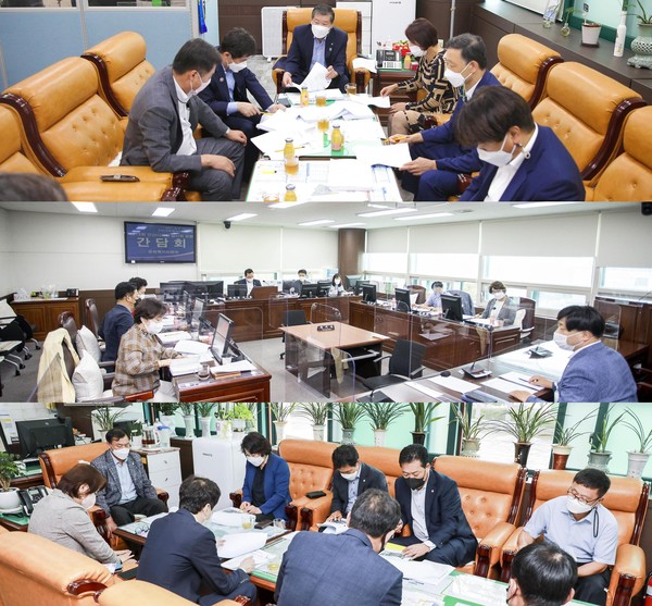 ▲ 안산시의회 3개 상임위원회가 6일 안산시 집행부와 간담회를 개최했다. 사진 위쪽부터 기획행정위원회와 문화복지위원회, 도시환경위원회가 이날 간담회를 진행하는 모습.