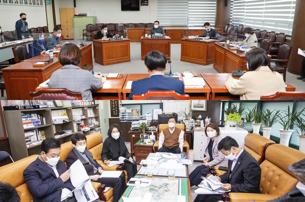 ▲ 안산시의회 문화복지위원회와 도시환경위원회가 10일 안산시 집행부와 간담회를 개최했다. 사진1은 문화복지위원회 간담회의 모습이며 사진2 위는 문화복지위원회, 아래는 도시환경위원회의 간담회 모습이다.