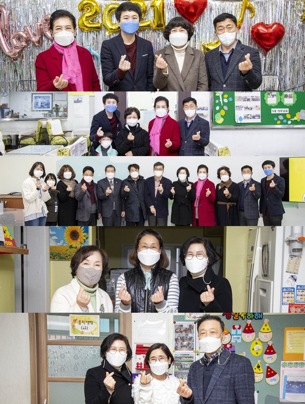 ▲ 안산시의회 의원들이 22일 지역 사회복지시설 5곳을 위문차 방문했다. 위에서부터 차례대로 의원들이 안산 지역아동센터와 안산명문가 지역아동센터, 안산시장애인복지관, 공동생활가정 초록반디의집, 사랑나눔 지역아동센터를 방문한 모습.