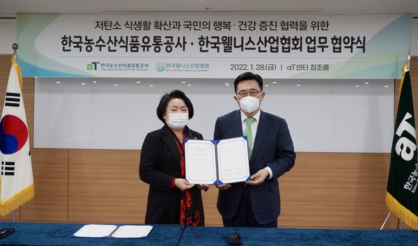 ▲ 김춘진 한국농수산식품유통공사 사장(우측), 김미자 한국웰니스산업협회 회장(좌측).