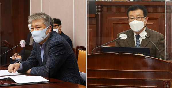 ▲ 이견행 의원의 ‘군포시 재난기본소득 지급 조례’ 일부 개정안 제안설명, 군포시의회 제258회 임시회 본회의에서의 장경민 부의장 5분 자유발언.
