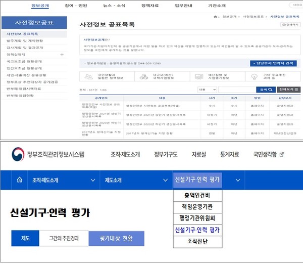 ▲ 중앙행정기관 신설 조직의 정보를 한눈에 볼 수 있는 행정안전부(上)와 정부조직관리정보시스템(www.org.go.kr) 홈페이지.
