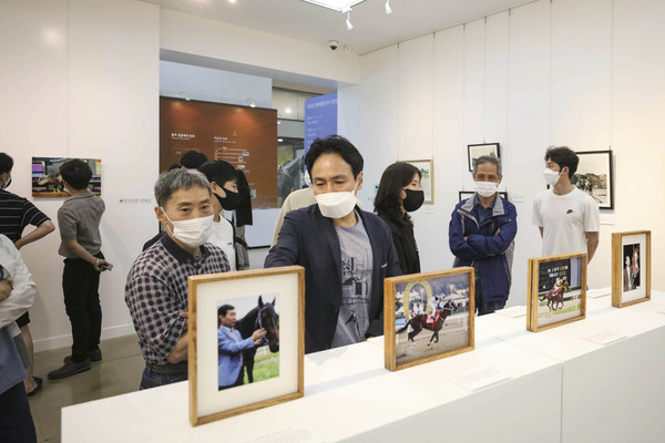 ▲ 말박물관 특별전 관람중인 박태종 기수와 신형철 기수협회장.