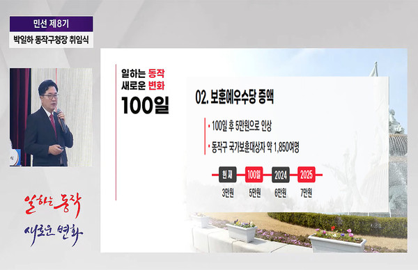 ▲ 박일하 동작구청장은 7월 1일 민선8기 비전선포식에서 ‘100일 이내 액션 플랜‘을 설명하고 있다.