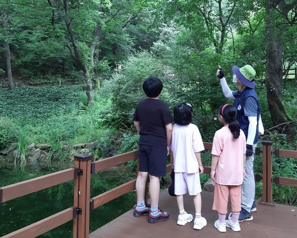 ▲ 용인자연휴양림 숲해설프로그램 참가자들이 야생화단지 산책로에서 설명을 듣고 있다.