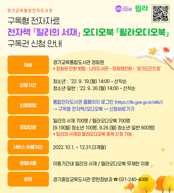 ▲ 경기중앙교육도서관 ‘구독형 전자책과 오디오북 서비스’ 제공 안내문.