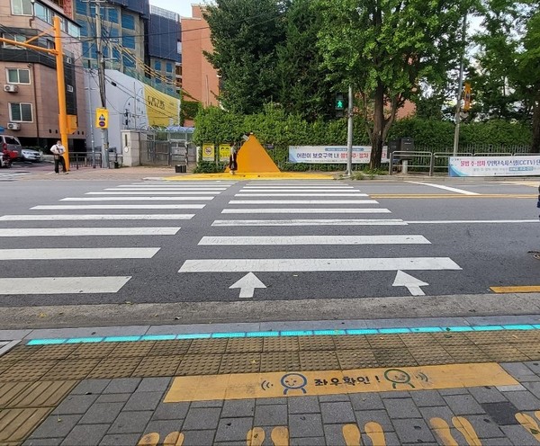 ▲ 강동구(구청장 이수희)는 교통안전사고를 예방하기 위해 선린초등학교 등 어린이 보호구역 10개소에 바닥신호등 17개, 음성안내 보조장치 10개를 횡단보도에 설치했다고 밝혔다.