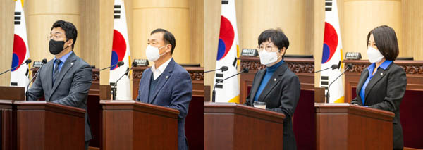 ▲ 안산시의회가 27일 제278회 제1차 정례회 제2차 본회의를 열어 시정질문과 5분 자유발언을 실시했다. 사진 왼쪽부터 최진호 박태순(이상 시정질문) 박은경 황은화(이상 5분 자유발언) 의원의 모습.