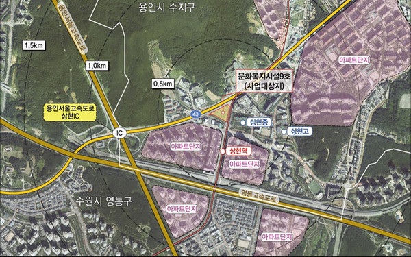 ▲ 수지구 상현동 광교택지지구 내 다목적 스포츠센터 건립 예정지 위치도.