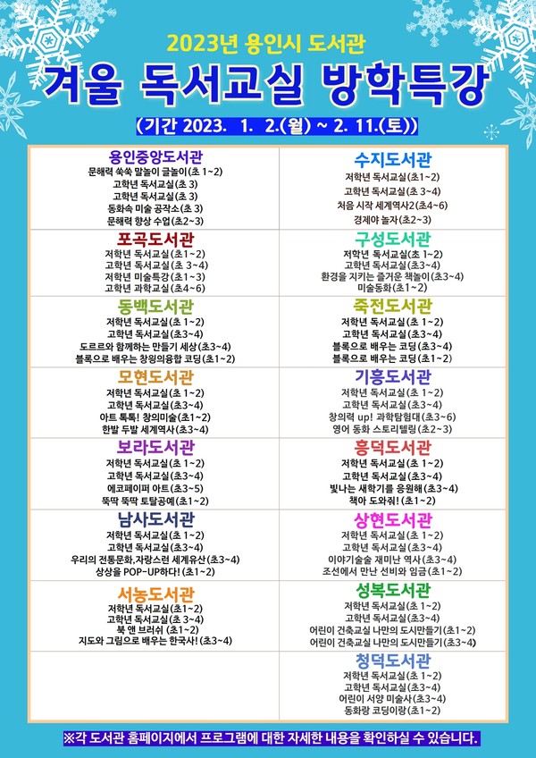 2023년 용인시 도서관 겨울방학 독서교실 방학특강 홍보물