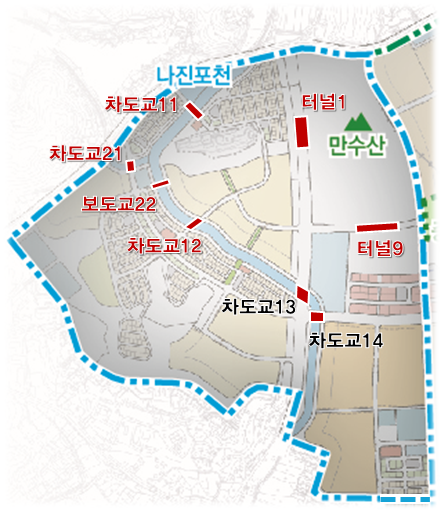 ▲ 도시시설물(터널, 교량) 위치도.