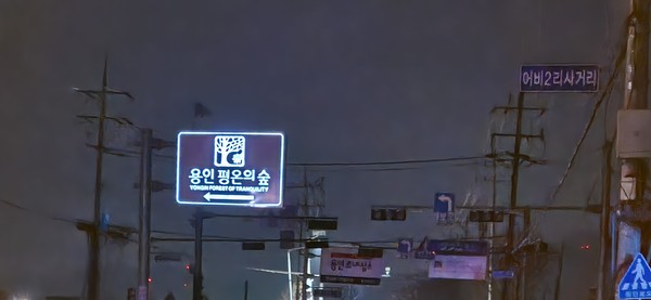 ▲ 용인평온의숲 입구 도로표지판 ‘발광형 광섬유 표지판’으로 교체 설치된 모습.