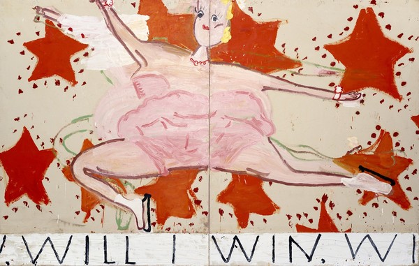 ▲ Rose Wylie, Pink Skater, (Will I Win, Will I Win), 2015, Oil on Canvas, 208x329cm.