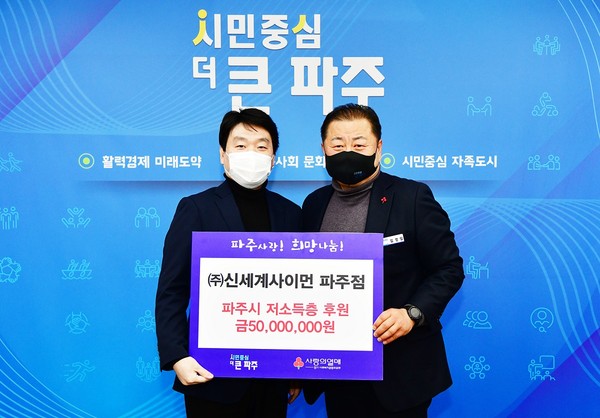 ▲ 김경일 파주시장(오른쪽), 불우이웃돕기 성금 전달 개최 기념사진 촬영.