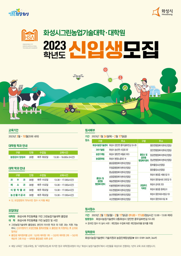 ▲ 화성시 농업기술센터 그린농업기술대학 및 대학원 신입생 모집문.