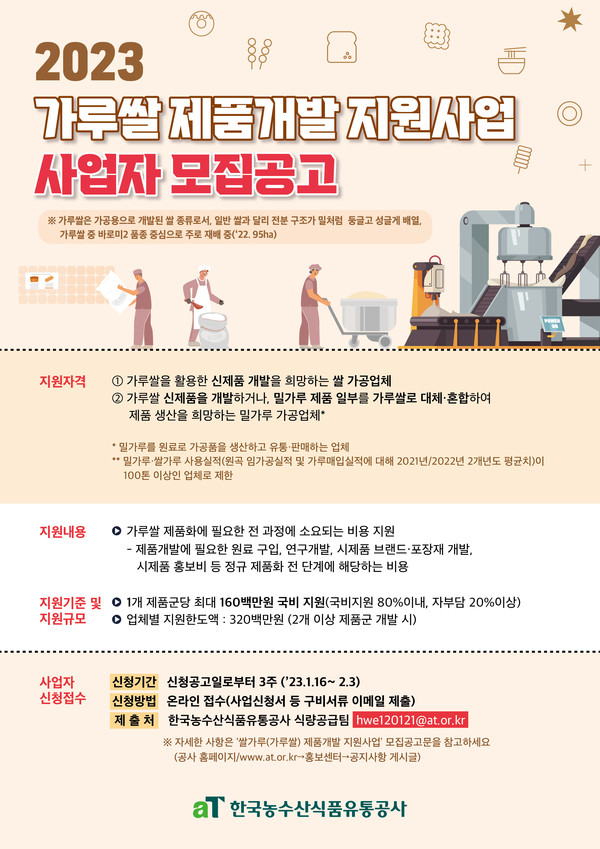 ▲ 한국농수산식품유통공사 가루쌀 제품개발 지원업체 모집 안내문.