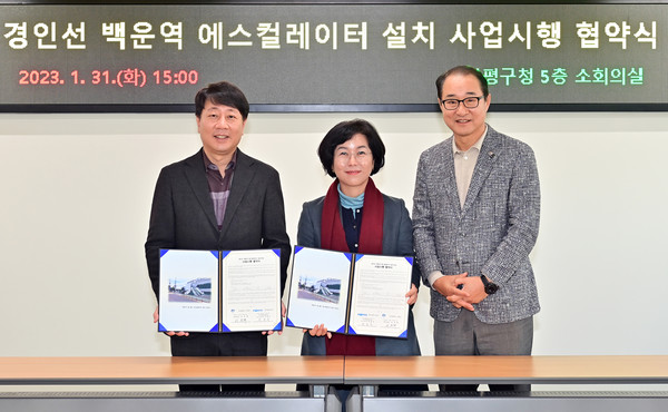 ▲ 부평구, 한국철도공사와 백운역 2번 출구 에스컬레이터 설치 사업시행 협약 체결 모습.
