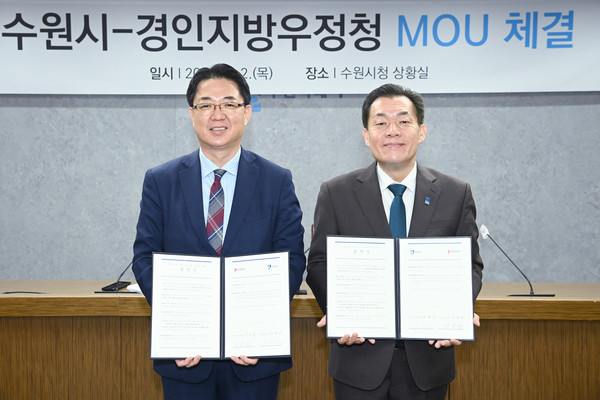 ▲ 이재준 수원시장(오른쪽), 경인지방우정청과 중소제조기업 제품 수출 간소화 지원 협력 협약 체결 기념사진 촬영.