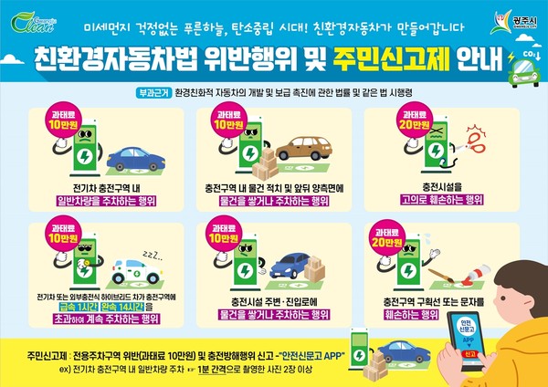 ▲ 광주시, 친환경자동차 충전구역 및 전용주차구역 주민신고제 운영 홍보물.