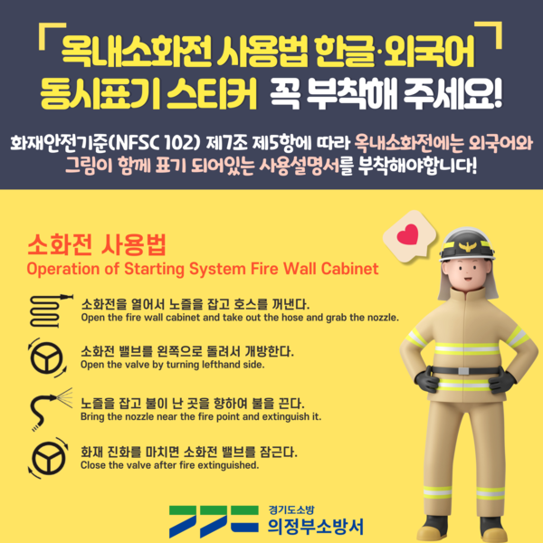 ▲ 의정부소방서 옥내소화전 사용법 한글·외국어 동시표기 스티커 홍보물.