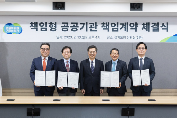 ▲ 김동연 경기도지사(가운데), 책임형 공공기관 책임계약 체결 후 기념사진 촬영.