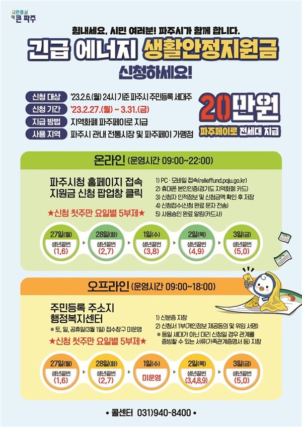 ▲ 파주시 긴급에너지 생활안정지원금 2월 27일부터 신청 가능.