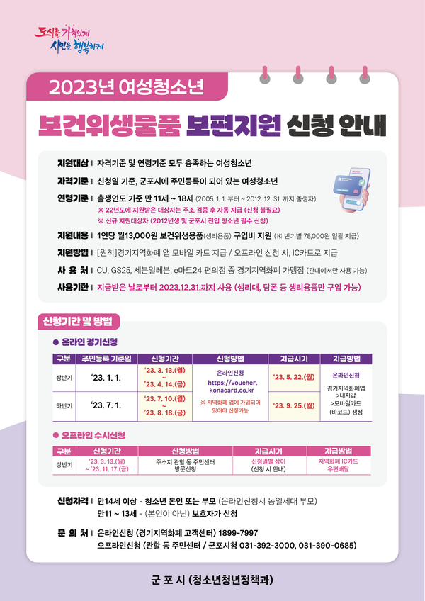 ▲ 군포시 2023년 여성청소년 보건위생물품 보편지원 홍보 포스터.