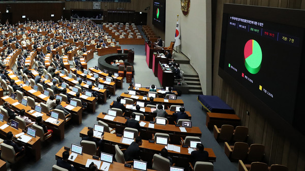 ▲ 23일 오후 서울 여의도 국회에서 열린 제404회 국회(임시회) 제1차 본회의에서 '양곡관리법 일부개정법률안(대안)에 대한 수정안'이 통과되고 있다. /뉴시스