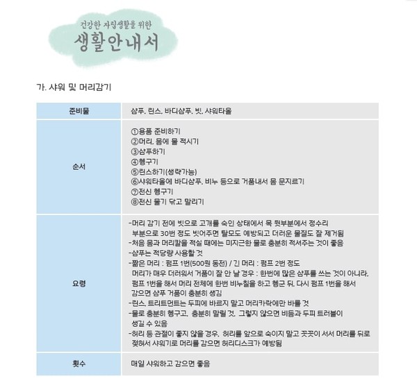 ▲ 샤워 및 머리감기 생활안내서.