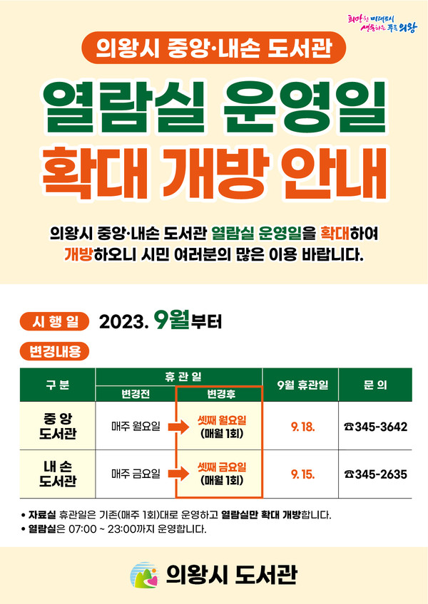 ▲ 의왕시 도서관 열람실 확대 운영 안내물.