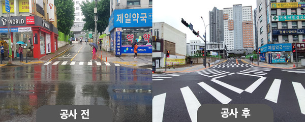 중앙시장을 이용하는 시민들의 편의를 위해 중앙동행정복지센터 확장 진입로를 임시 개통(사진은 공사전,후)