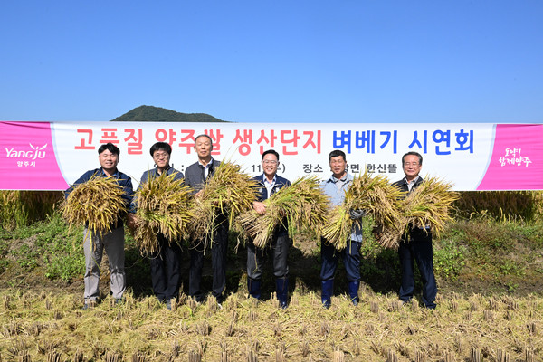 ▲ 강수현 양주시장(오른쪽에서 세번째)이 벼베기 행사에 참여했다.