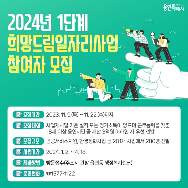 ▲ 용인특례시 2024년 1단계 희망드림 일자리 사업 참여자 모집 포스터.