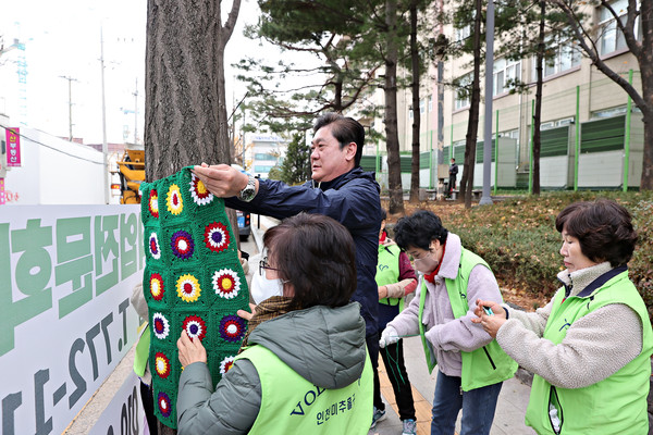 ▲ 이영훈 미추홀구청장과 봉사단이 트리허그 나무 옷 입히기 활동을 진행하고 있다.