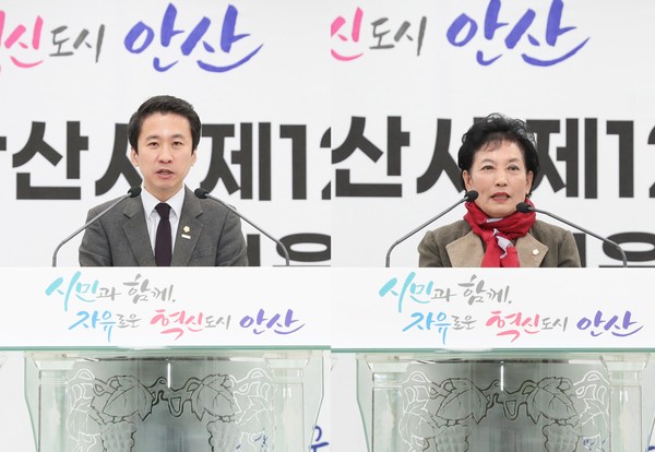 ▲ 안산시의회 송바우나 의장(사진 왼쪽)과 이진분 부의장이 지난 22일 신안산대학교에서 개최된 ‘안산시 제12기 소상공인 상인대학 졸업식’에 참석했다.