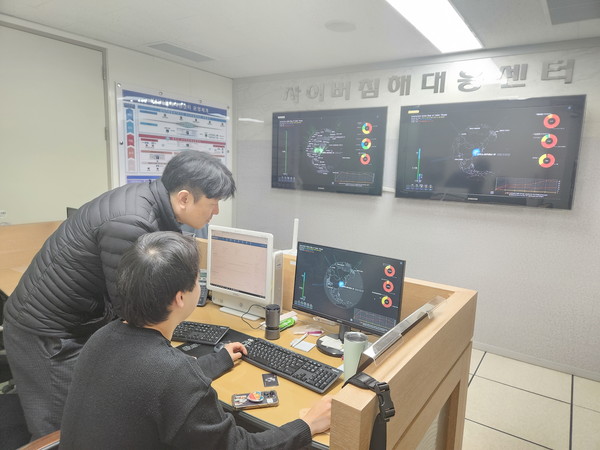 ▲ 시 관계자가 전산실 내 사이버침해대응센터에서 행정정보시스템과 침해대응 시설을 점검하고 있다.